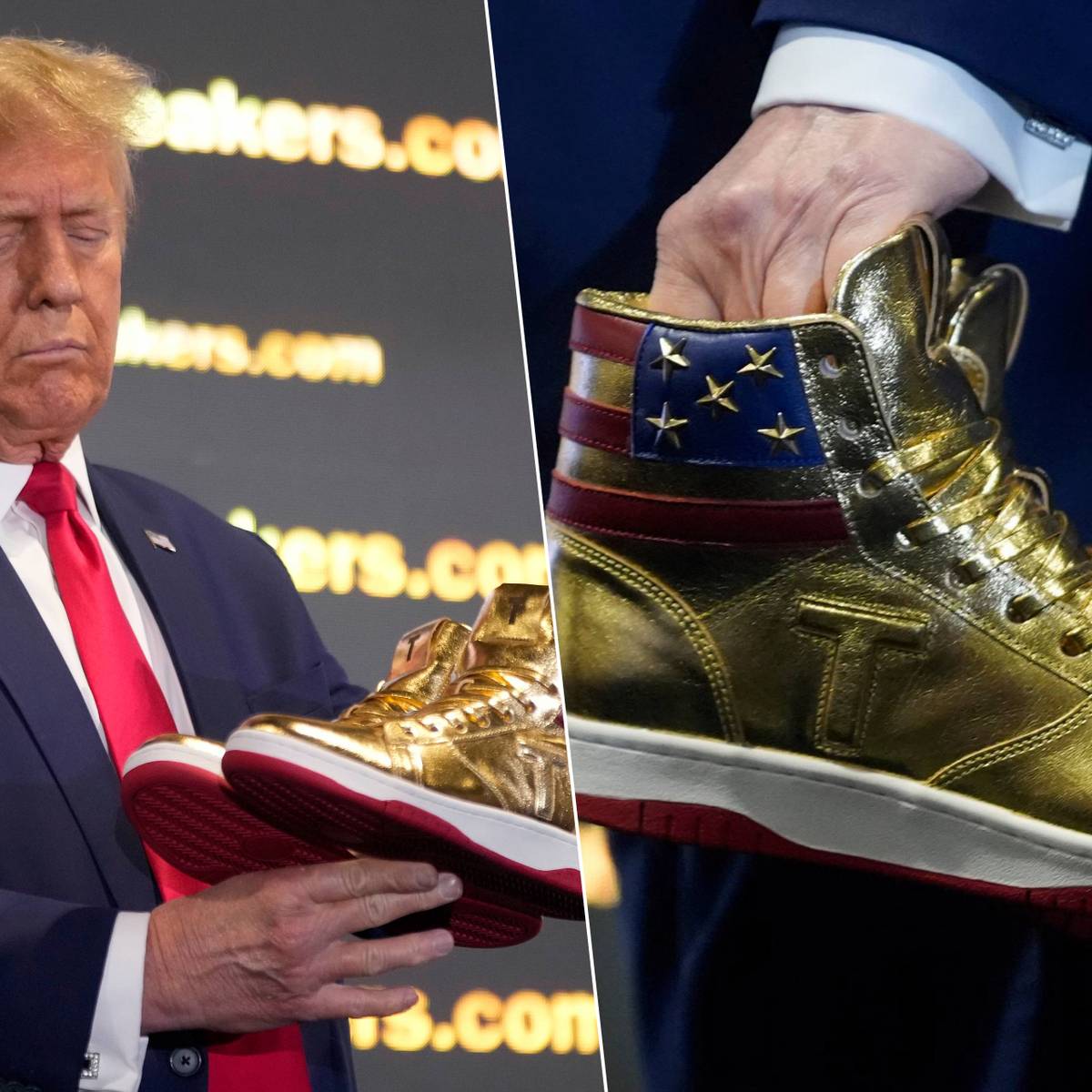 KIJK. Amper een dag na monsterboete van 329 miljoen euro lanceert Trump zijn eigen gouden sneakers Dit is het echte werk Buitenland hln.be