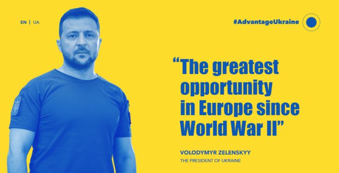 In een grootschalige campagne prijst de Oekraïense president Volodymyr Zelensky zijn land bij buitenlandse investeerders aan.
