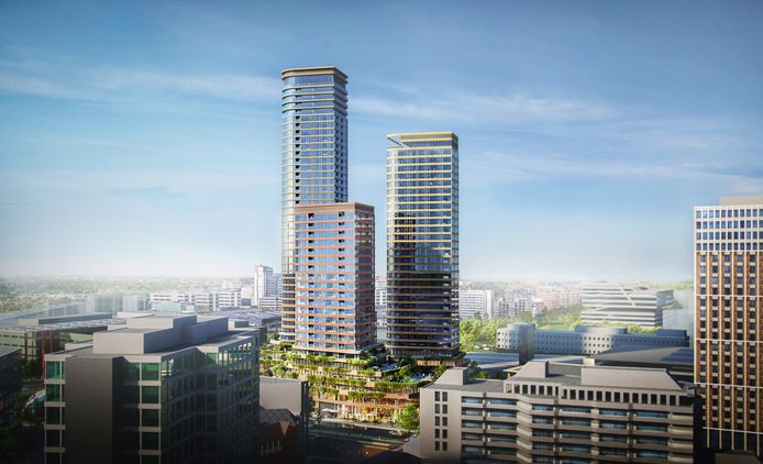 Het nieuwste ontwerp van het plan District-E voor het Stationsplein in Eindhoven. De hoogste toren is geen 170 maar 'slechts' 155 meter hoog.