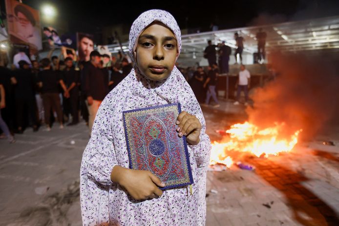 A supporter of Iraqi Shiite cleric Muqtada al-Sadr takes part in a demonstration against a man who burned a copy of the Quran outside a mosque in Stockholm, Baghdad, Iraq July 12, 2023.