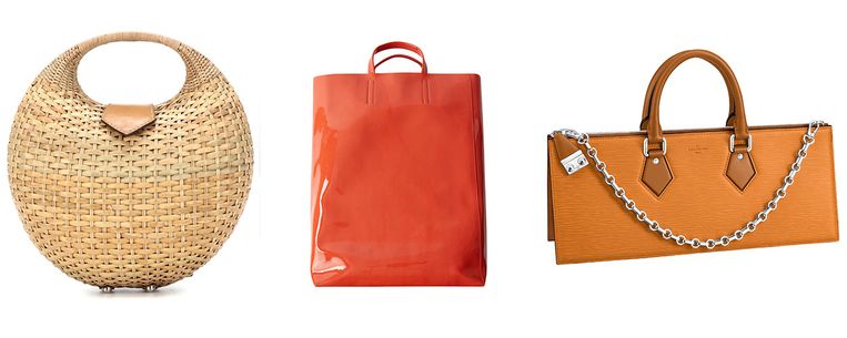 Rieten mand van Kayu € 200
Rode lakleren tas van Acne Studios € 500 
Oranje langwerpig van Louis Vuitton € 1980 Beeld 