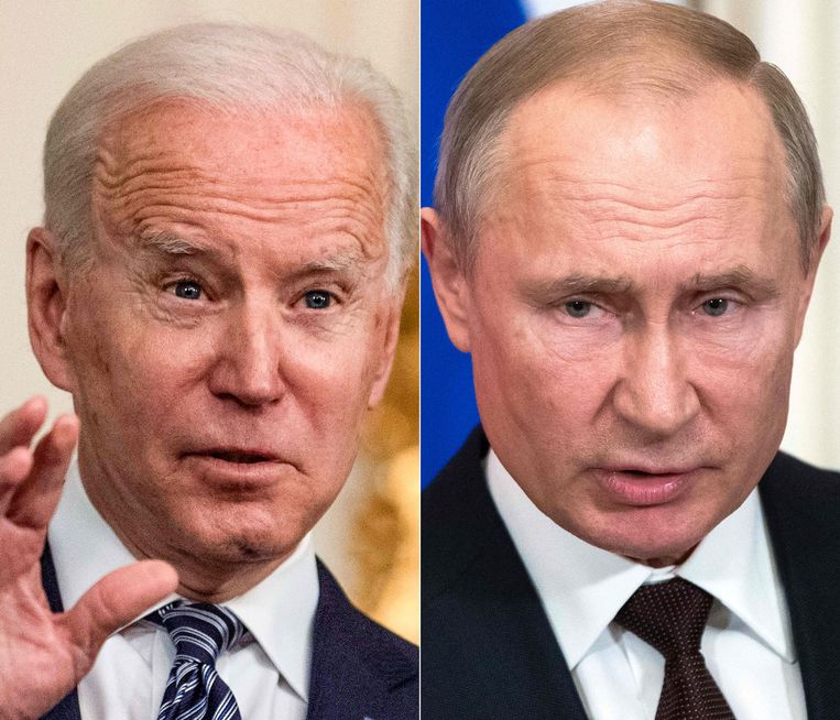 De presidenten Biden (links) en Poetin.  Beeld AFP