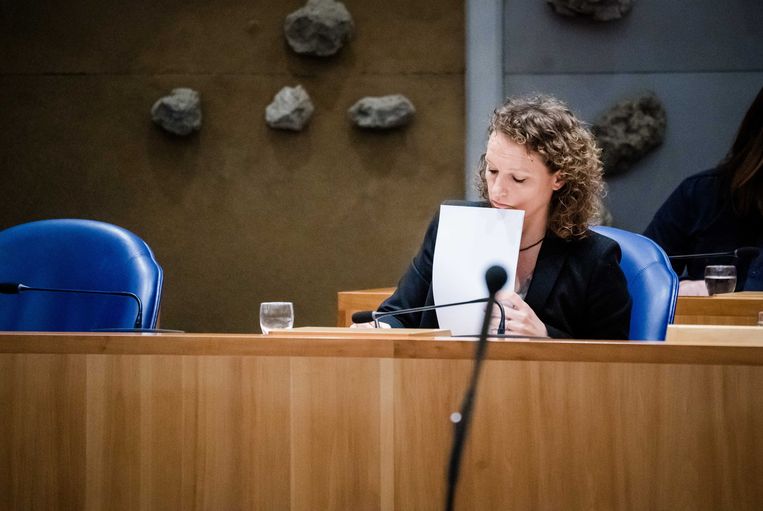 Kamerlid Renske Leijten (SP) tijdens een debat in de Tweede Kamer over het voorstel van de invoering van een bindend correctief referendum. Beeld ANP