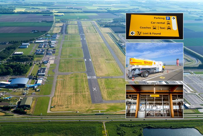 Luchtfoto van Lelystad Airport. Alles is klaar om vakantiegangers en hun vluchten te ontvangen. Maar of het ervan komt in 2022?