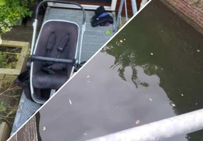 De kinderwagen en het water van het kanaal in Middelburg.