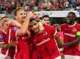 Juichende AZ-spelers bij een van de Alkmaarse doelpunten.