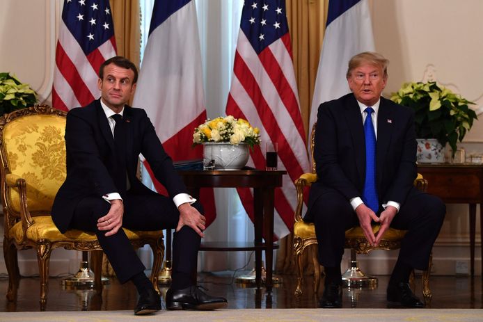 Frans president Emmanuel Macron en Amerikaans president Donald Trump tijdens hun gezamenlijke persconferentie.