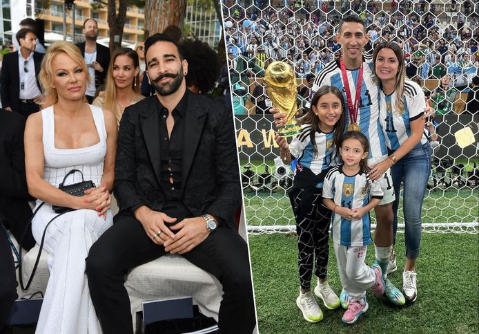 Links Pamela Anderson met Adil Rami, rechts het gezin-Di María met de wereldbeker.
