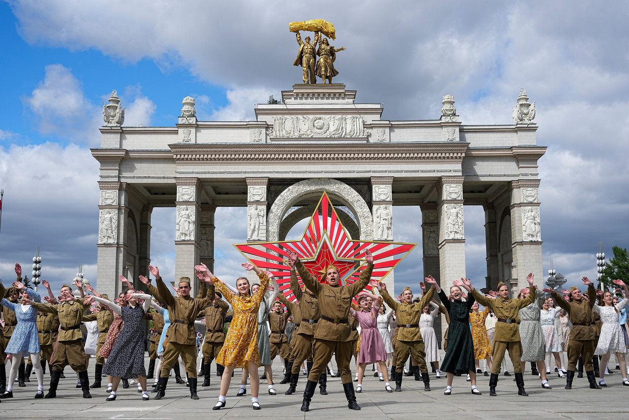 Students dressed in old Soviet uniforms rehearse the Victory Waltzes they will perform in Moscow on Victory Day Tuesday.  Statue of Alexander Zemlianichenko / AP