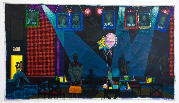 Club Scene (Night Club) van Kerry James Marshall (2013). Beeld rv
