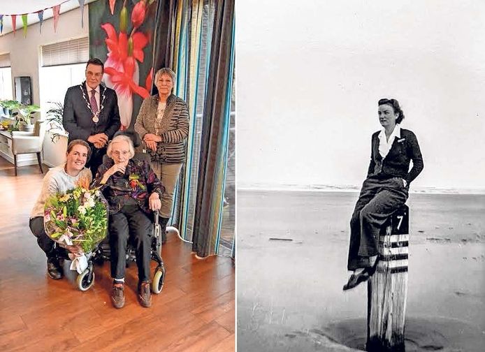 Rina op 100-jarige leeftijd, toen familie en burgemeester haar kwamen feliciteren, en als jonge vrouw op het strand van Terschelling.