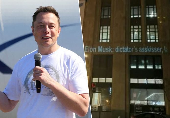 Op het hoofdkwartier van Twitter in San Fransisco zijn beledigende boodschappen over Elon Musk geprojecteerd.