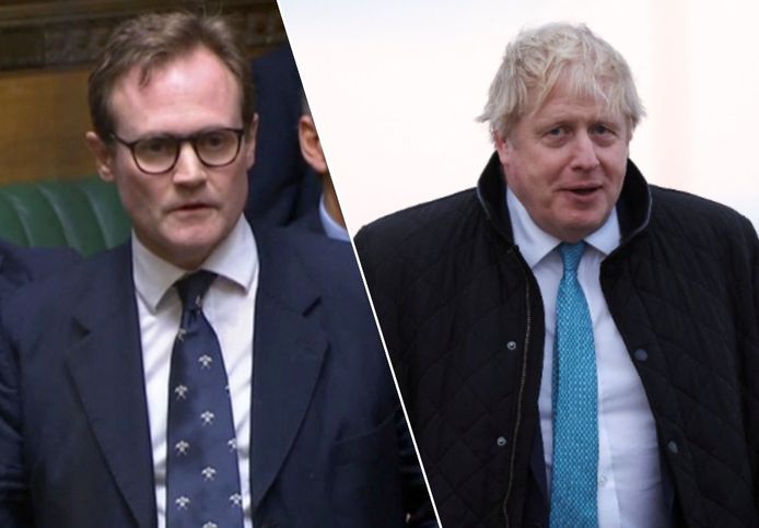 Fotomontage: Tom Tugendhat (links) en Boris Johnson (rechts).