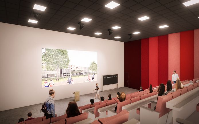 Artist impression van het nieuwe auditorium van het Mencia de Mendoza Lyceum in Breda.