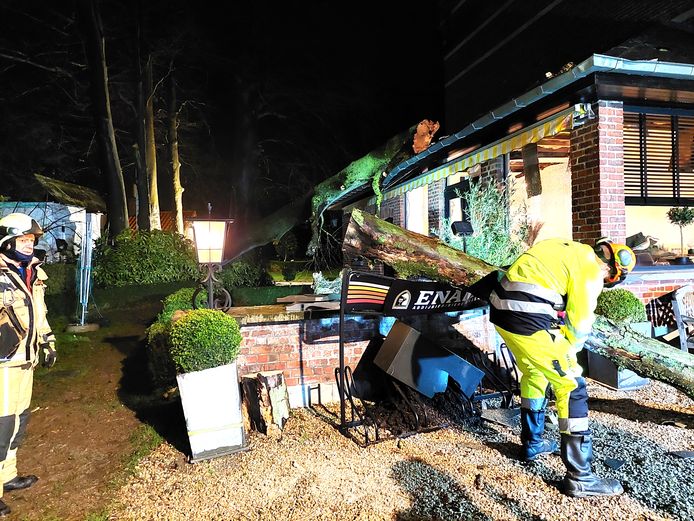 De brandweer kwam de omgewaaide boom weghalen van het dak van de veranda.