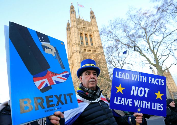 Beeld ter illustratie, anti-brexiteer loopt met protestborden door de straten van Londen.