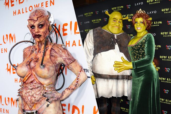 Heidi Klum als zombie-alien in 2019 en als groene Fiona in 2018.