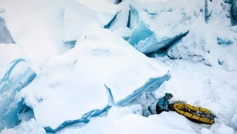 Bernice Notenboom navigeert met haar slee door het kruiende ijs op de Noordpool tijdens een expeditie in 2014 Beeld Martin Hartley