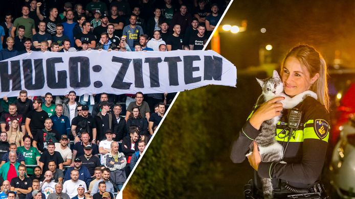 Voetbalfans moeten op hun billen blijven zitten (links) en de hartverwarmende foto.