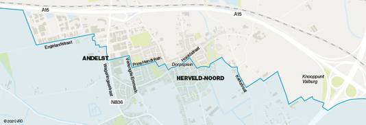 De grens van het kwestbare waterwinreserveringsgebied loopt uiterst grillig dwars door de bebouwde kom van de zusterdorpen Herveld en Andelst.