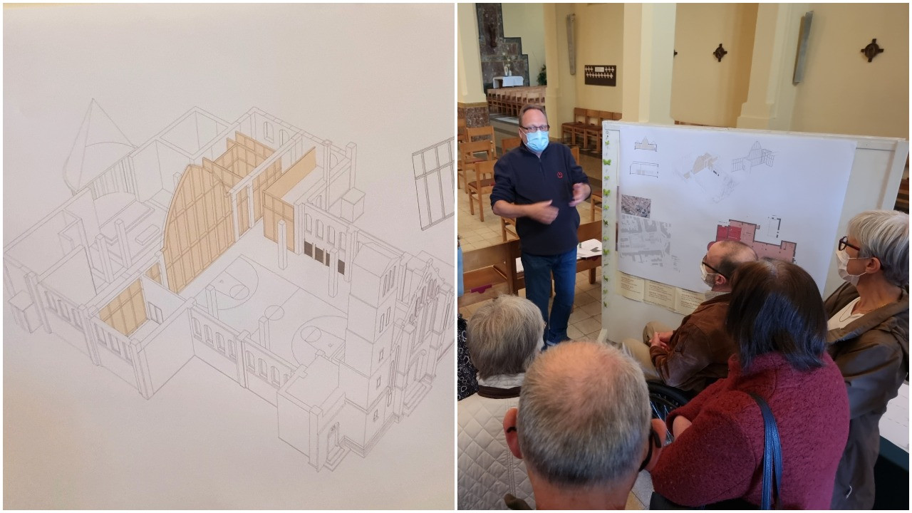 De plannen voor de turnzaal in de Sint-Stevenskerk in Sint-Pieters-Leeuw werden dinsdag voorgesteld.