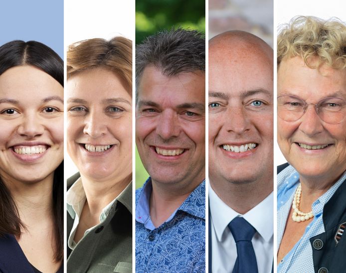 De nummers 5 van de 5 partijen die volgens de peilingen het grootste kunnen worden in Zeeland.  Weten ze een Statenzetel te behouden of te bemachtigen?  Van links naar rechts Ay Ling van der Spek-Thung (PvdA/GroenLinks),  Christine Govaert (BBB), Anton Geluk (CDA), Hans Rottier (SGP) en Marianne Reinders-Stijnman (VVD).