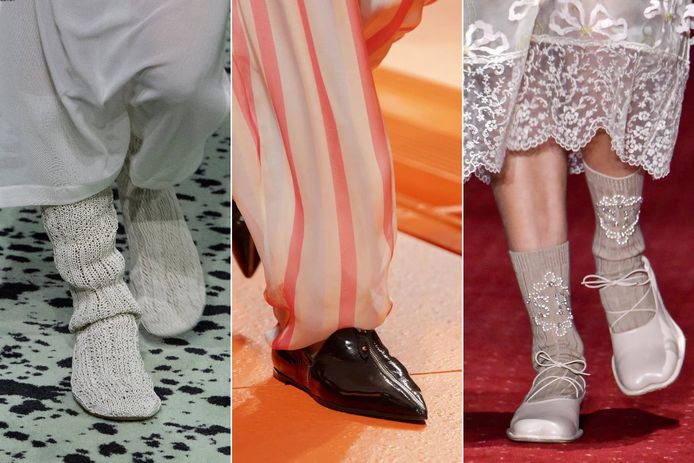 V.l.n.r. Sokschoen van Bottega Veneta uit de wintercollectie 2024, puntige loafers van Louis Vuitton en ballerina's met platte zool van Simone Rocha.