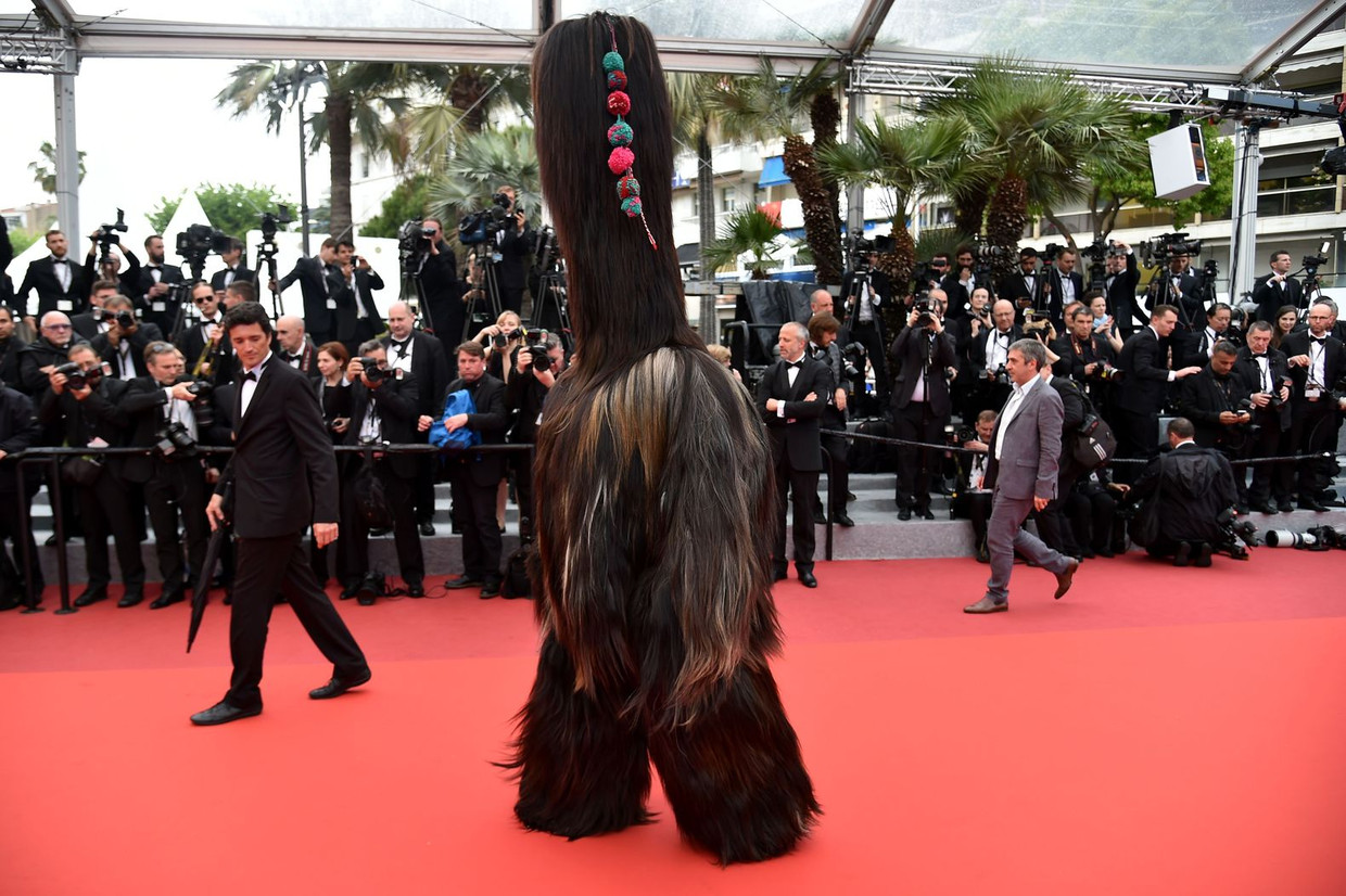 Een man draagt een harig kostuum ter promotie van de film Toni Erdmann. Beeld afp
