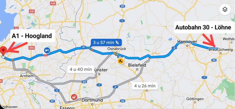 De route die de verdachte volgens de reconstructie van Capitol Terrorists Exposers moet hebben afgelegd tussen Amsterdam en Braunschweig, op de terugweg naar Polen. 
 Beeld 