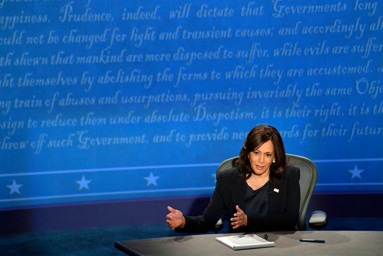 Senator Kamala Harris tijdens het debat. Beeld Photo News