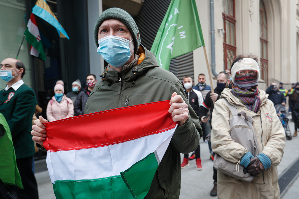 Een demonstratie tegen de coronamaatregelen in Budapest, eerder deze maand.  Beeld AP