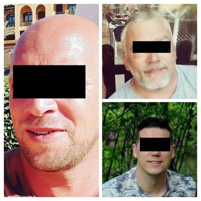 Gunther V.M. (links), Paul J. (boven) en Sammy W. (onder) werden door de onderzoeksrechter aangehouden. De vierde man zit in de cel in Nederland.