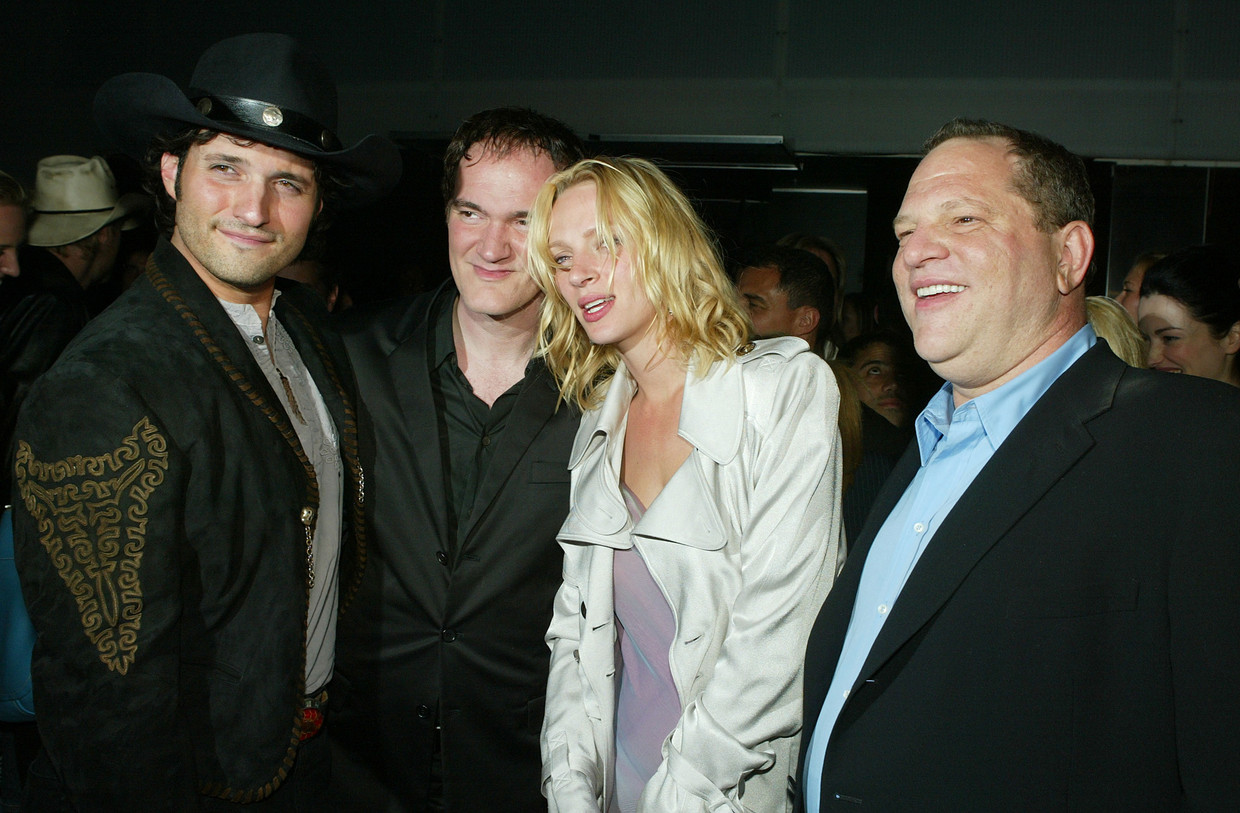(vlnr) Robert Rodriguez, Quentin Tarantino, Uma Thurman en Harvey Weinstein Beeld AFP