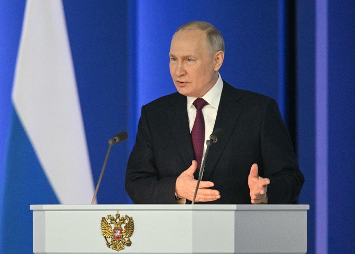 De Russische president Vladimir Poetin tijdens zijn toespraak voor het parlement vorig jaar, op 21 februari 2023.