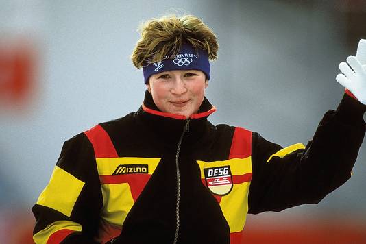 Claudia Pechstein in 1992, toen ze haar eerste olympische medaille won.