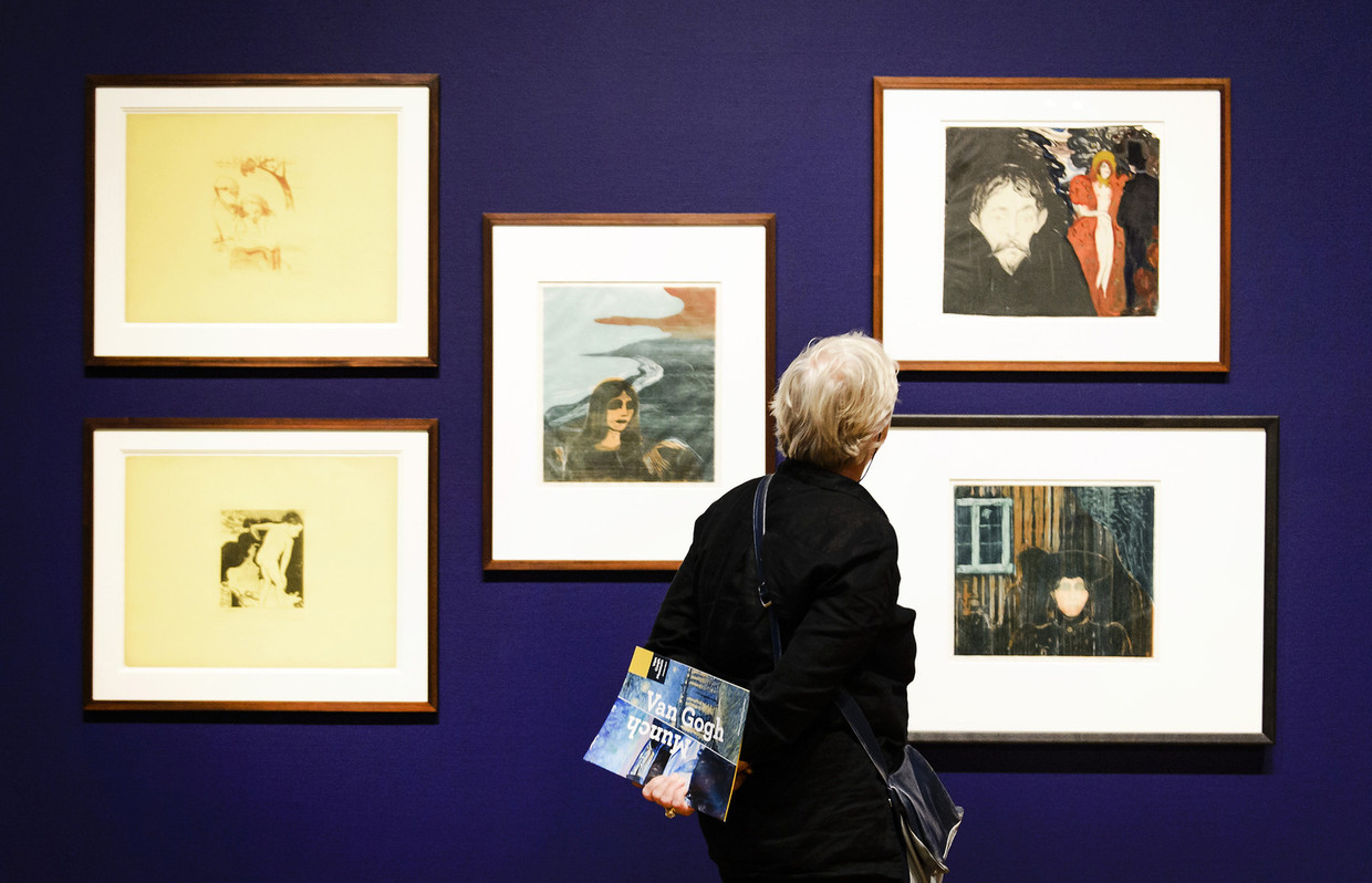 Een bezoeker bekijkt schilderijen van de tentoonstelling Munch:Van Gogh. Beeld anp