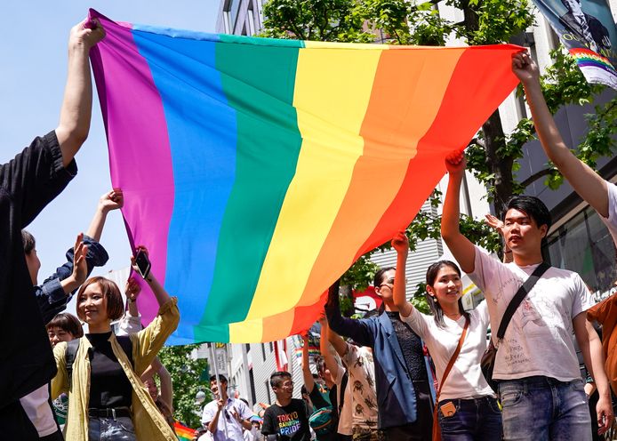 Deelnemers houden een regenboogvlag omhoog tijdens de Regenboogparade in Tokio.