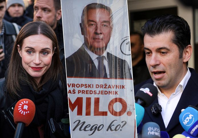 La Première ministre finlandaise, Sanna Marin, le président monténégrin sortant, Milo Djukanovic et le Bulgare Kiril Petkov.