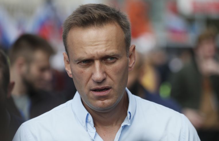 Oppositieleider Alexej Navalny tijdens een demonstratie in Moskou vorige week.  Beeld EPA