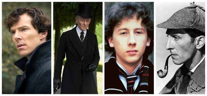 Benedict Cumberbatch, Ian McKellen, Nicholas Rowe en Peter Cushing als Sherlock Holmes
