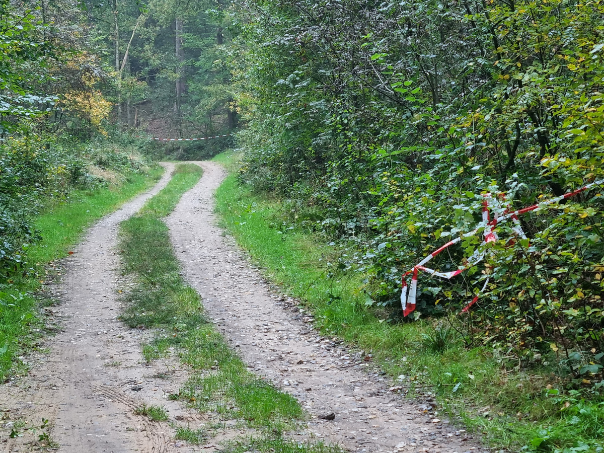 De weg door het bos bij Braamt is afgesloten rond de locatie waar de omgekomen 27-jarige motorrijder is aangetroffen.
