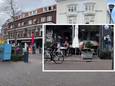 Een auto is midden op het terras van Lekker Zwols aan de Oude Vismarkt in Zwolle geparkeerd.