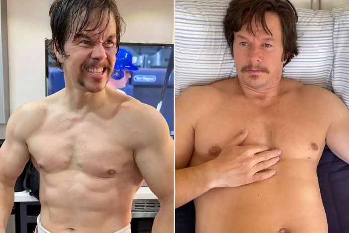 Mark Wahlberg zoals we hem kennen links en de moddervette versie rechts