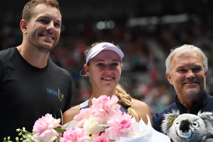 Caroline Wozniacki met haar man David Lee (l) en vader Piotr Wozniacki.
