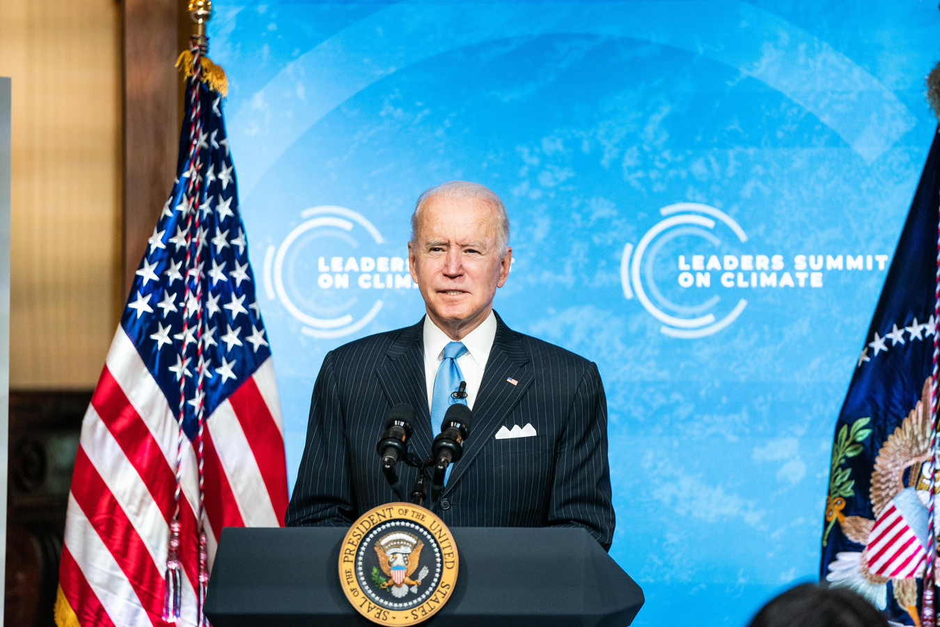 De Amerikaanse president Joe Biden tijdens de virtuele klimaattop. (23/04/2021)