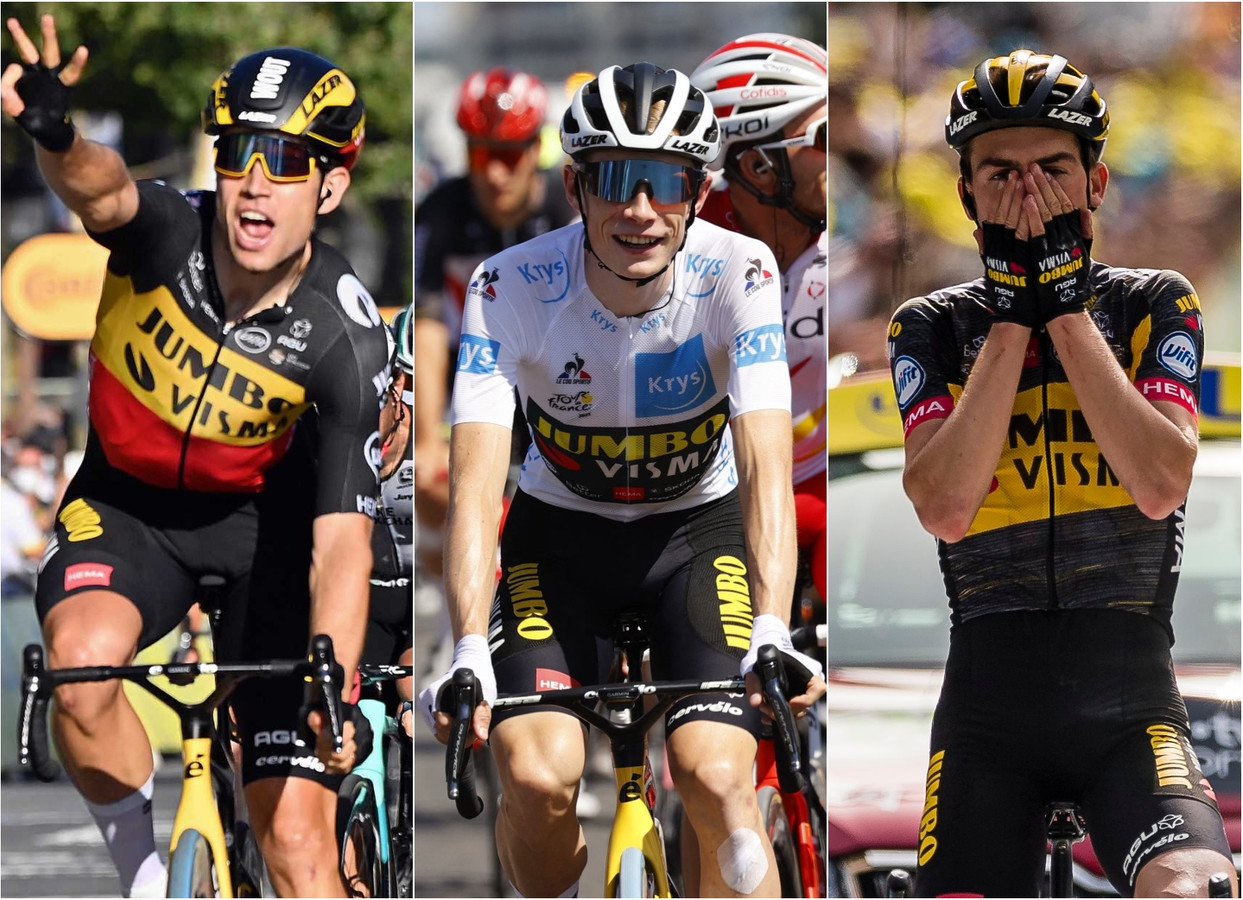 De smaakmaker van Jumbo-Visma: Wout van Aert, Jonas Vingegaard en Sepp Kuss (vlnr).