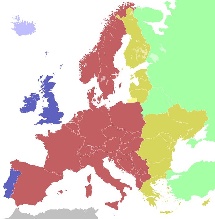 De Europese tijdzones met in het blauw de West-Europese Tijd en in het rood de Midden-Europese tijd. België, Nederland, Frankrijk, Luxemburg, Monaco, Andorra en Spanje behoren geografisch eigenlijk eerder bij Portugal en het Verenigd Koninkrijk.
