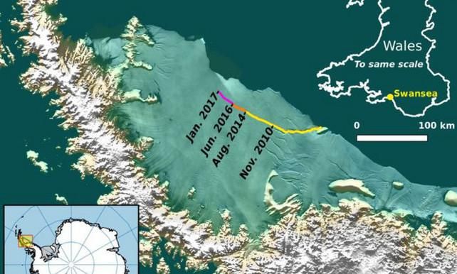 Een gigantische ijsberg ter grootte van een kwart van Wales dreigt af te breken van de Antarctische Larsen C-ijsplaat.