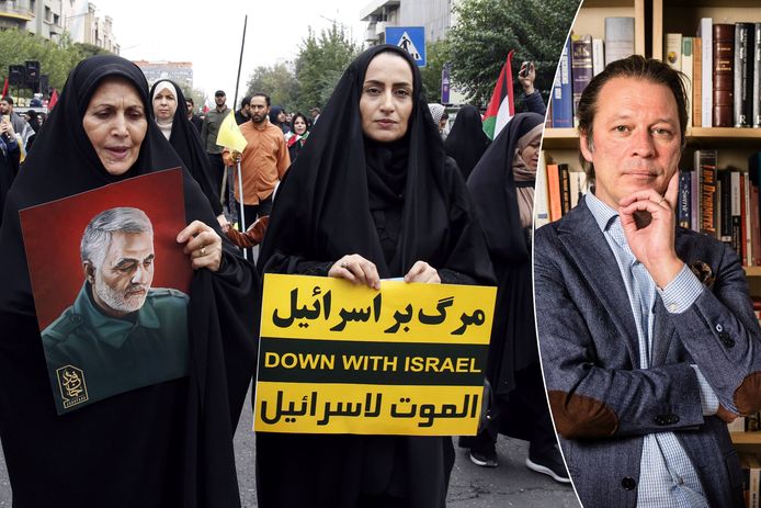 Iraanse vrouwen tijdens een anti-Israël-protest. Eén van hen draagt een bord met de beeltenis van Qassem Soleimani, de gedode leider van de  Iraanse Revolutionaire Garde. /  Midden-Oosten expert Koert Debeuf (VUB).