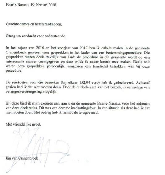 De brief van wethouder Van Cranenbroek.